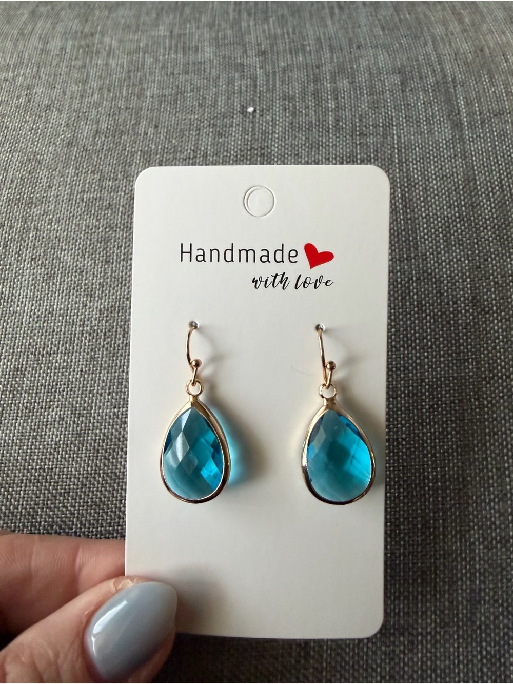 Handmade Teardrop Blue Crystal Earrings with Gold Accent